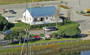 A birds-eye view of the Sierra Point Yacht Club, looking west.