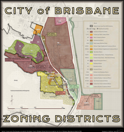 A map showing which zoning districts certain cannabis businesses are allowed in Brisbane